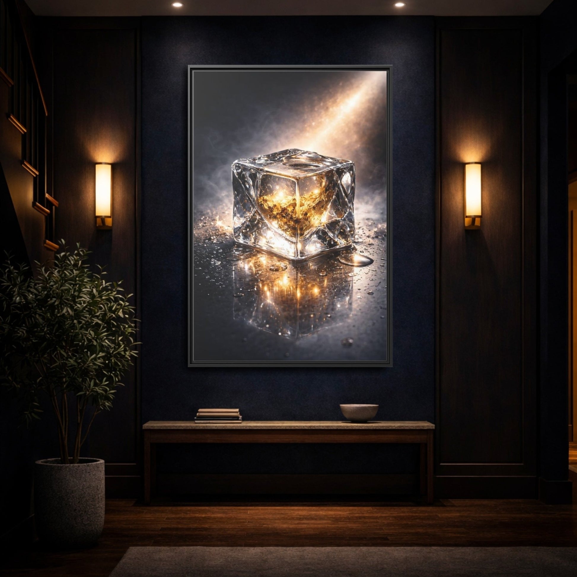 Abstract Ice Cube Gold - Framed Canvas Wall Art Print - YesArtYes