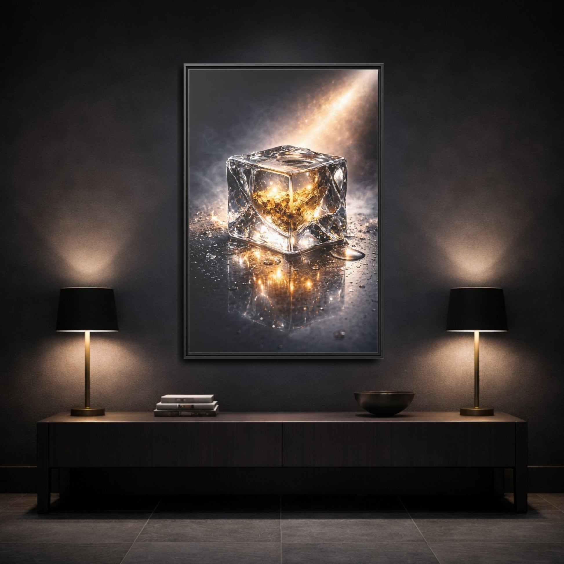 Abstract Ice Cube Gold - Framed Canvas Wall Art Print - YesArtYes