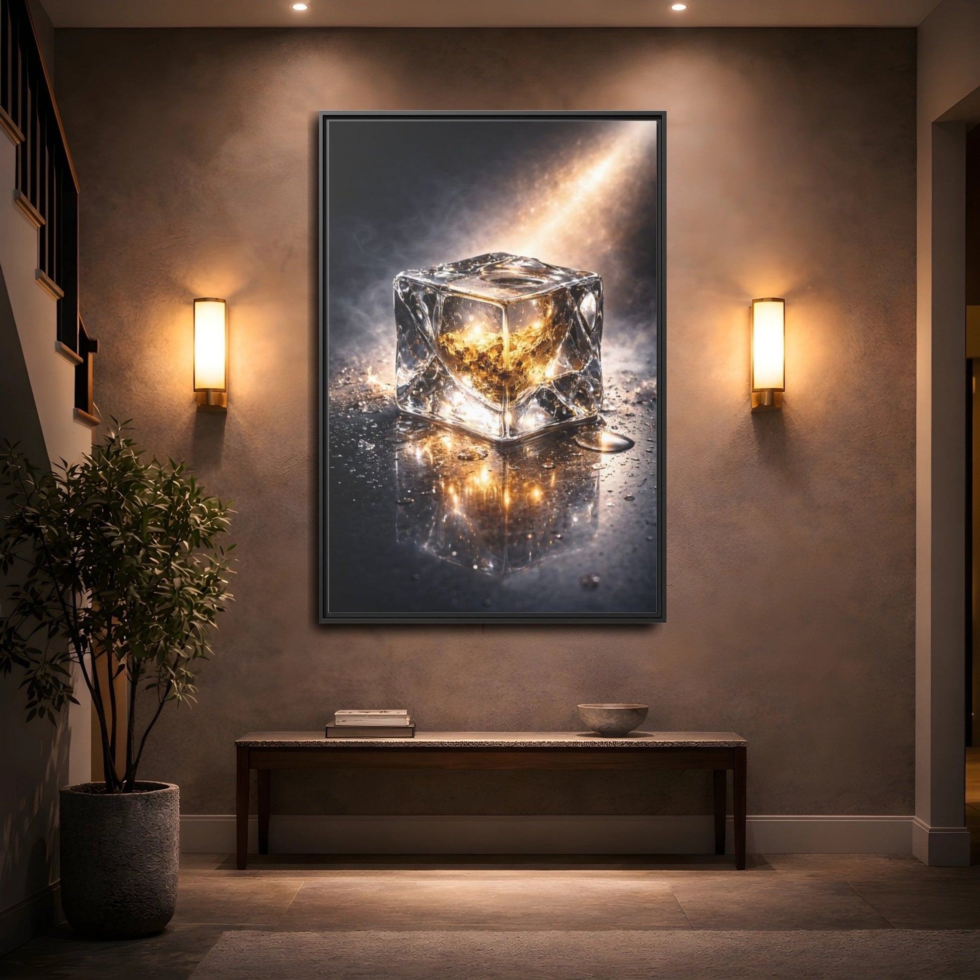 Abstract Ice Cube Gold - Framed Canvas Wall Art Print - YesArtYes
