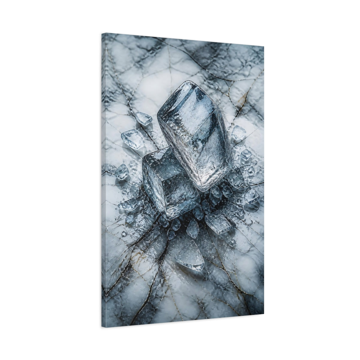 Main Mockup. Abstract Ice Cubes Blue And White shown as stretched canvas wall art