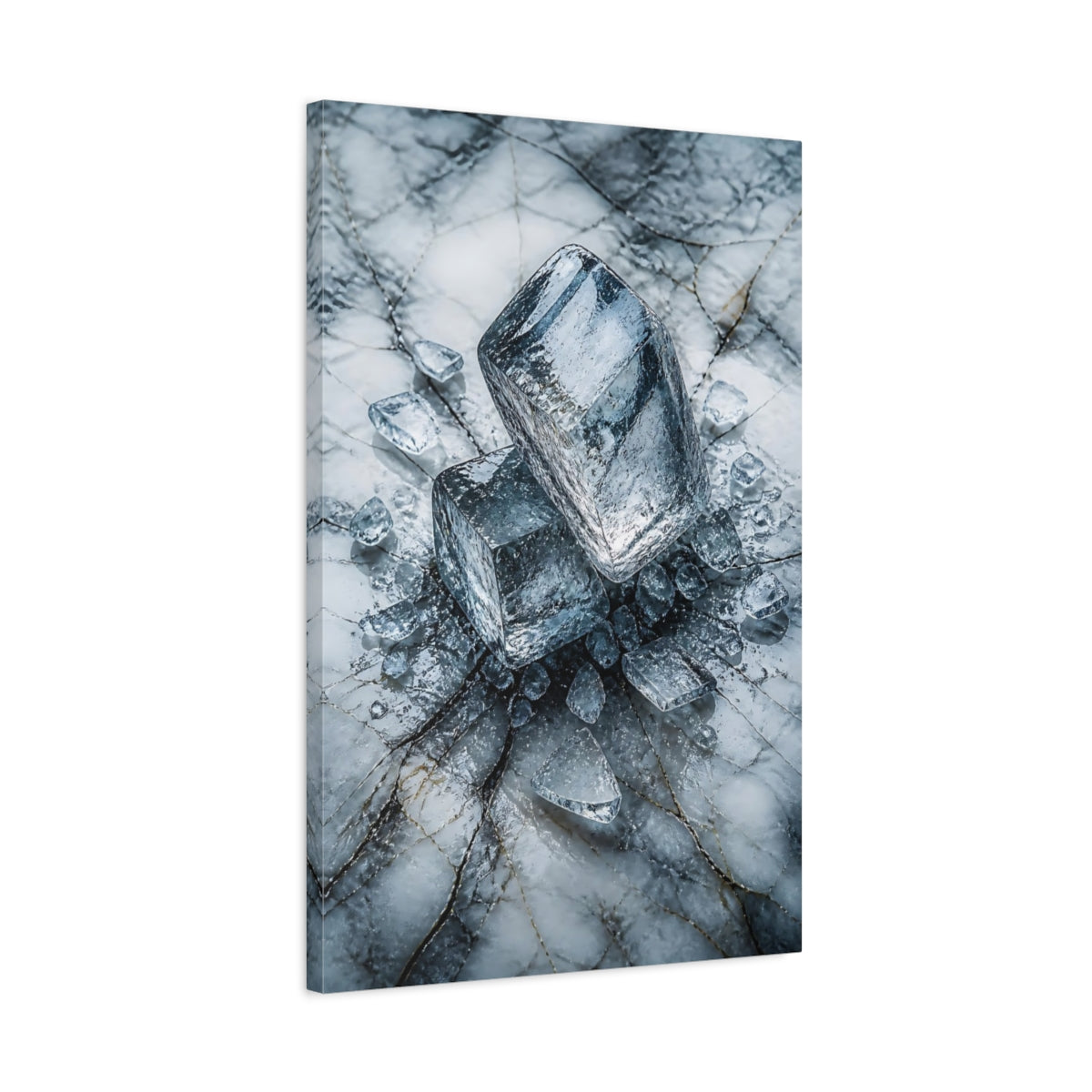 Side Mockup 2. Abstract Ice Cubes Blue And White shown as stretched canvas wall art