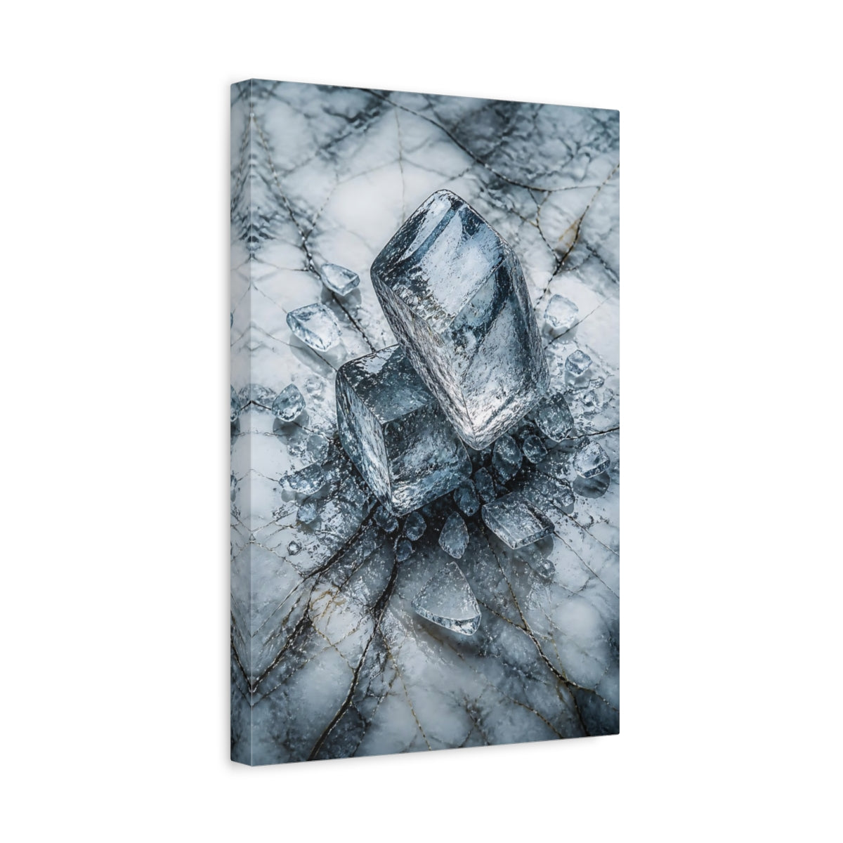 Side Mockup 4. Abstract Ice Cubes Blue And White shown as stretched canvas wall art