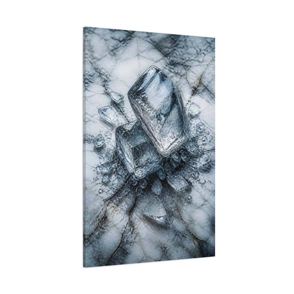 Side Mockup 1. Abstract Ice Cubes Blue And White shown as stretched canvas wall art