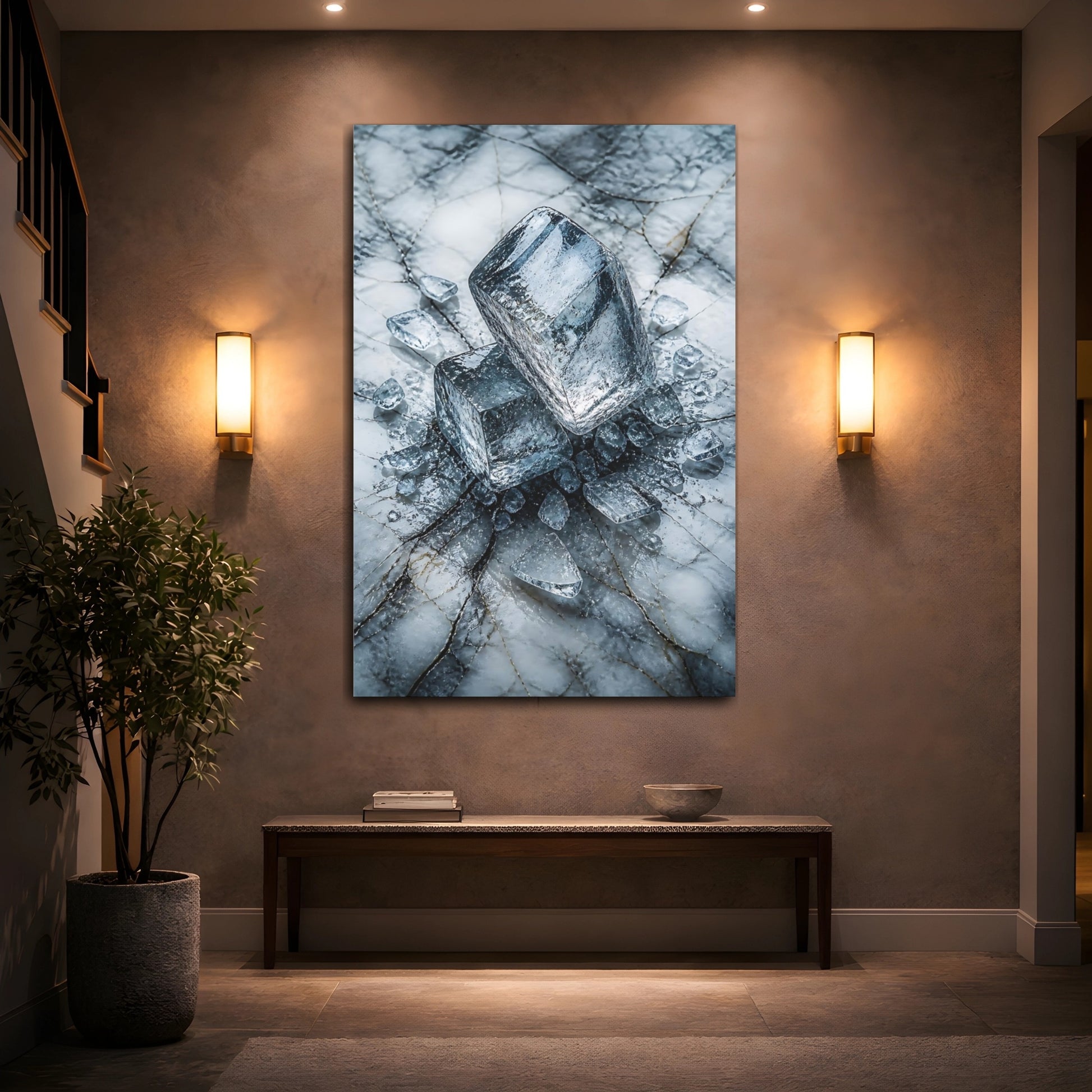 Mockup 2. Abstract Ice Cubes Blue And White shown as stretched canvas wall art