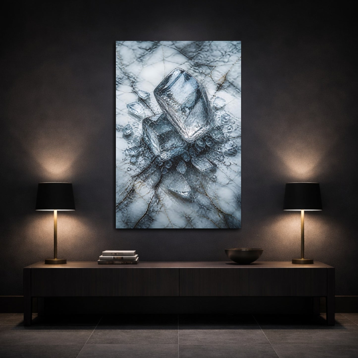 Mockup 3. Abstract Ice Cubes Blue And White shown as stretched canvas wall art