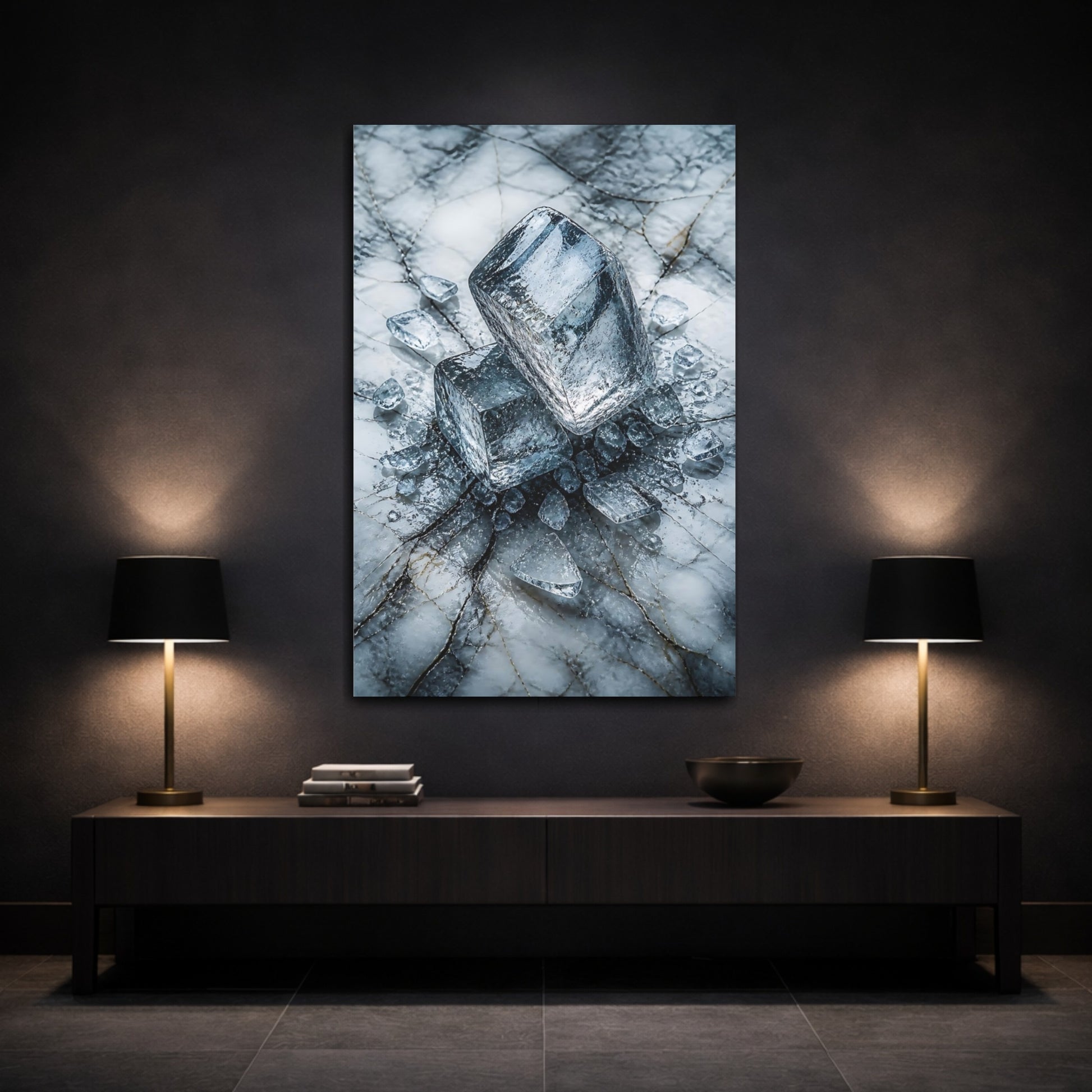 Mockup 3. Abstract Ice Cubes Blue And White shown as stretched canvas wall art