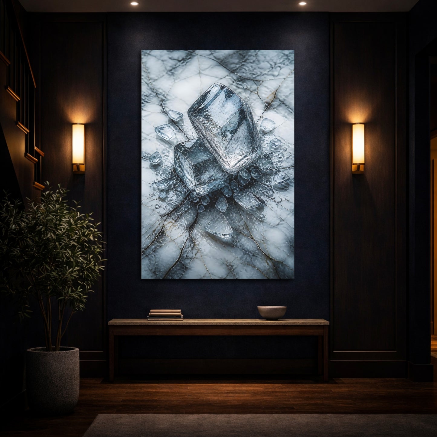 Mockup 4. Abstract Ice Cubes Blue And White shown as stretched canvas wall art