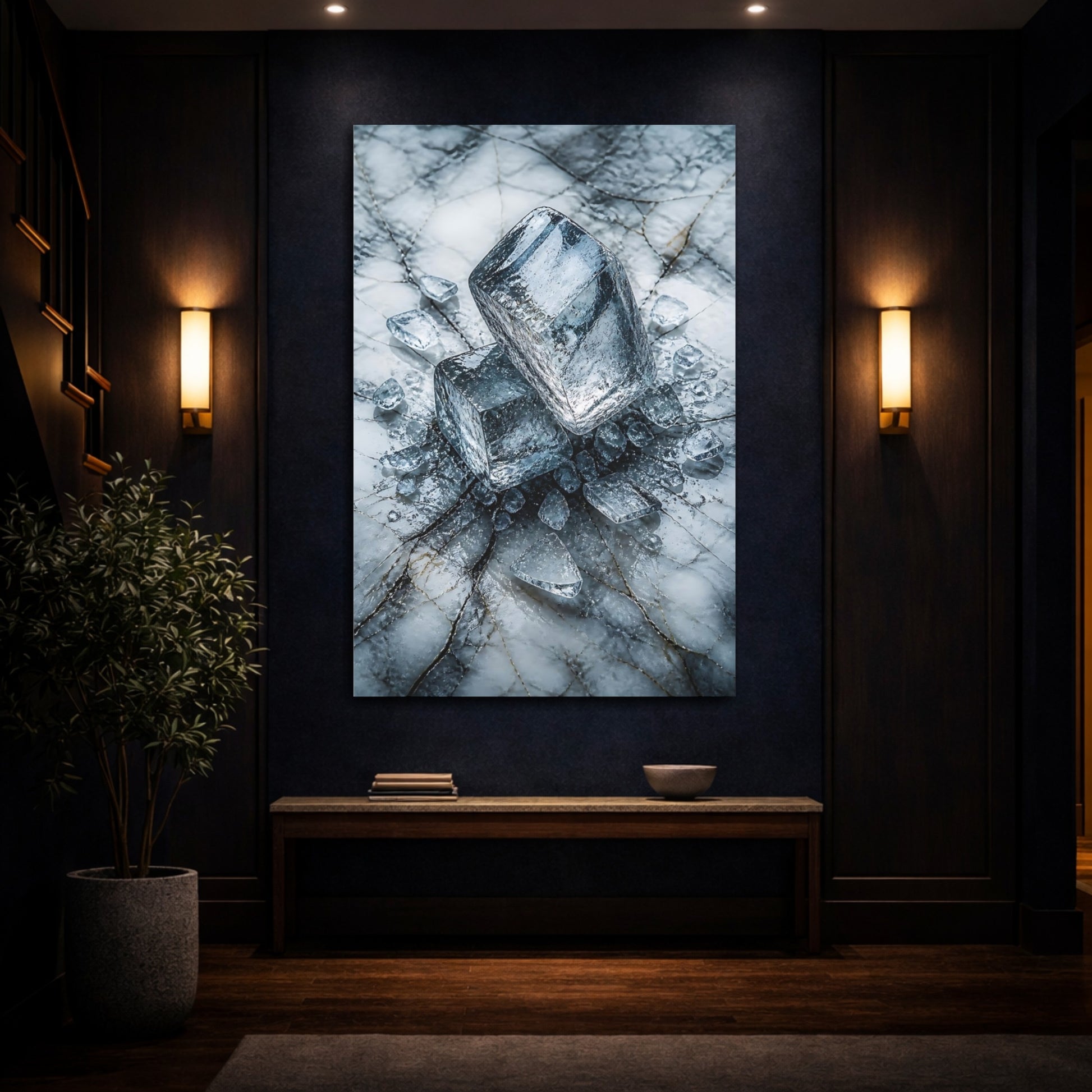 Mockup 4. Abstract Ice Cubes Blue And White shown as stretched canvas wall art