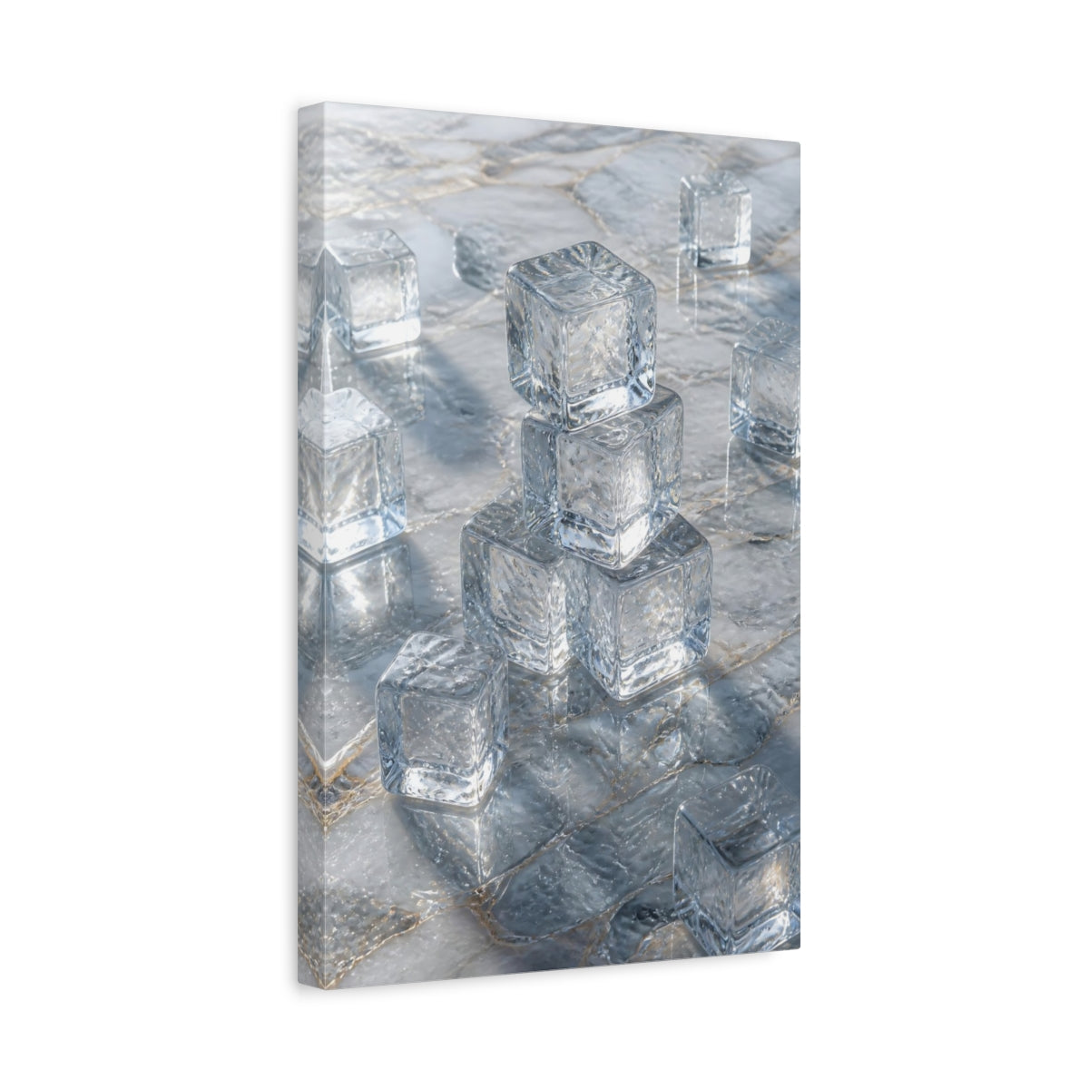 Side Mockup 4. Abstract Ice Cubes Cool Blue Gold shown as stretched canvas wall art