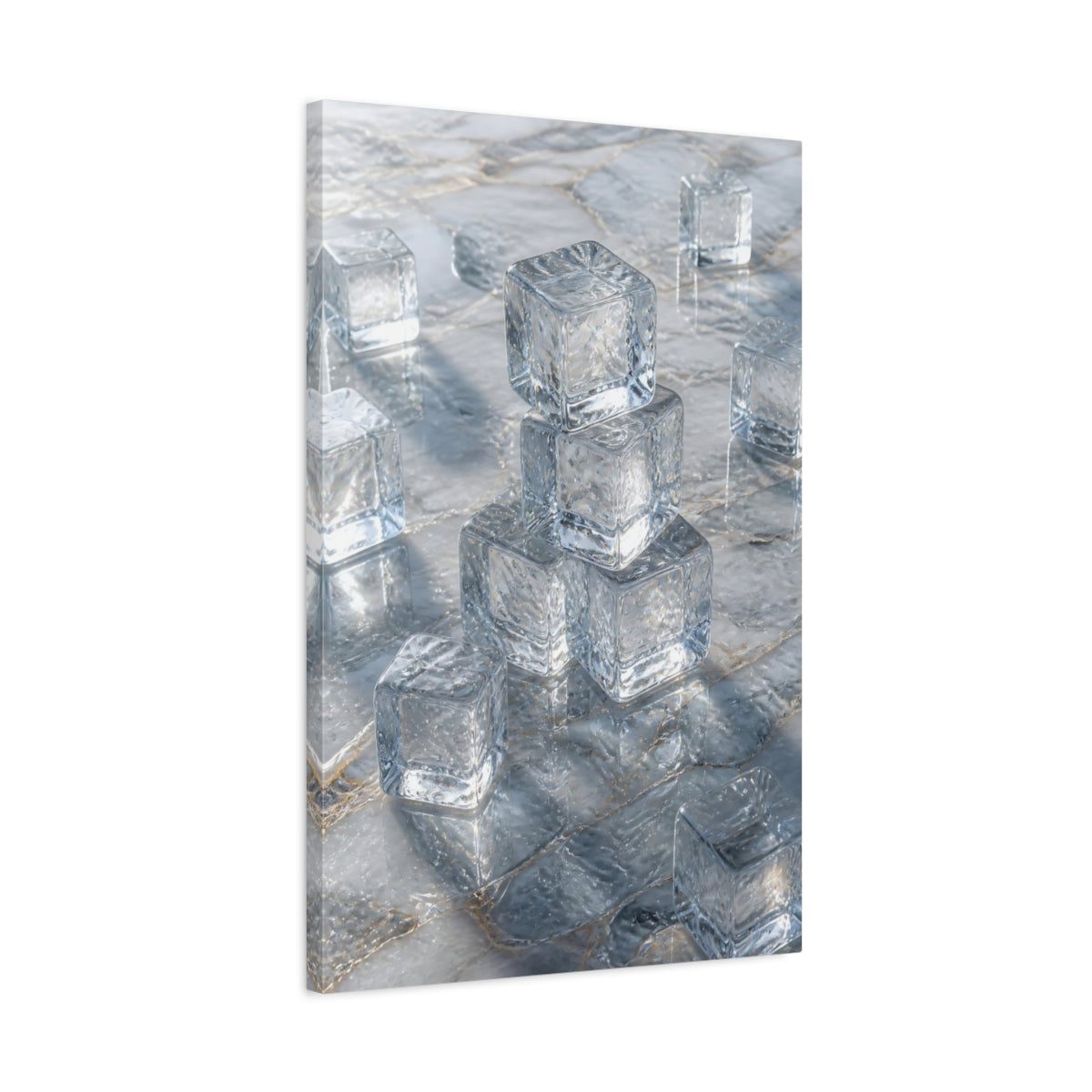 Side Mockup 2. Abstract Ice Cubes Cool Blue Gold shown as stretched canvas wall art