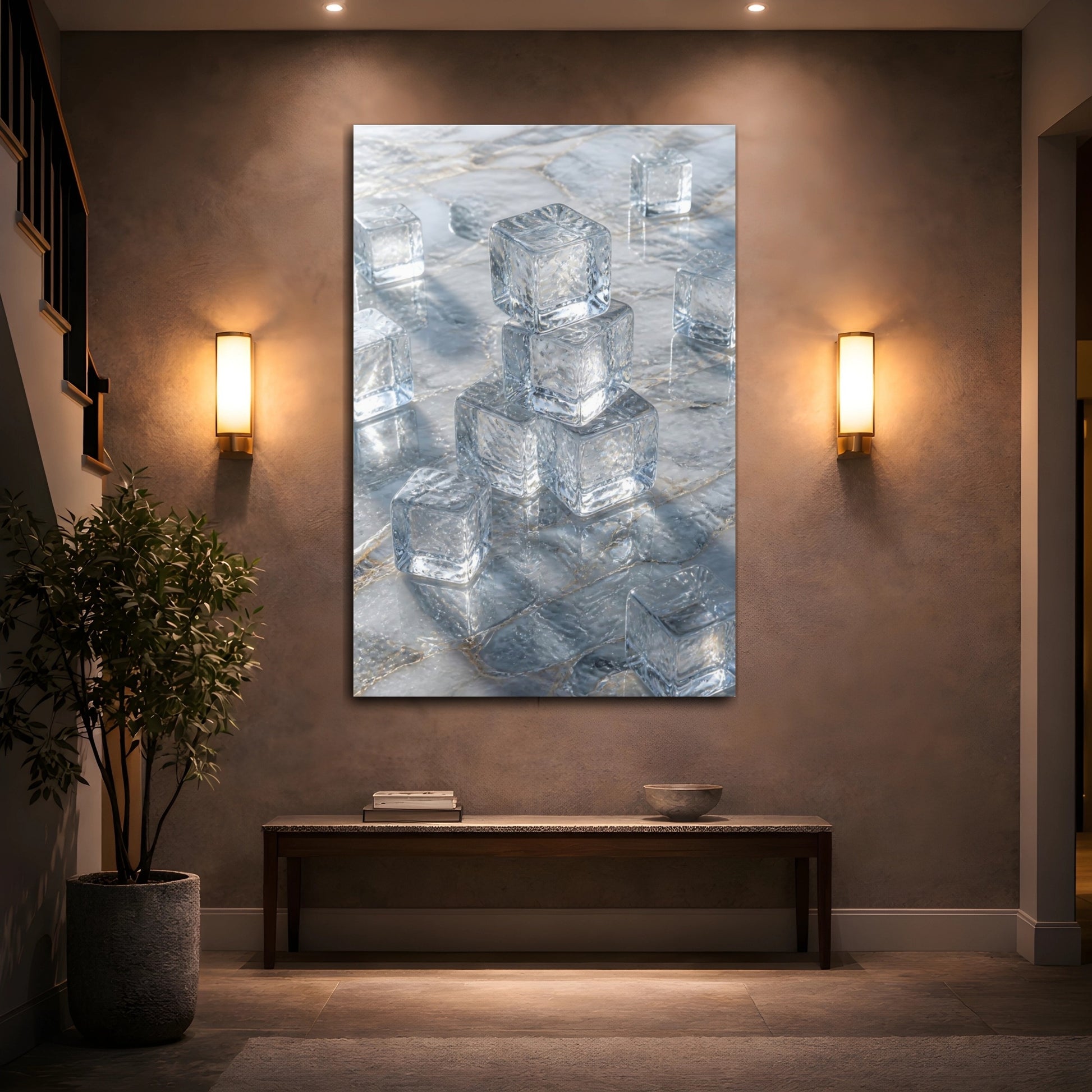 Mockup 2. Abstract Ice Cubes Cool Blue Gold shown as stretched canvas wall art