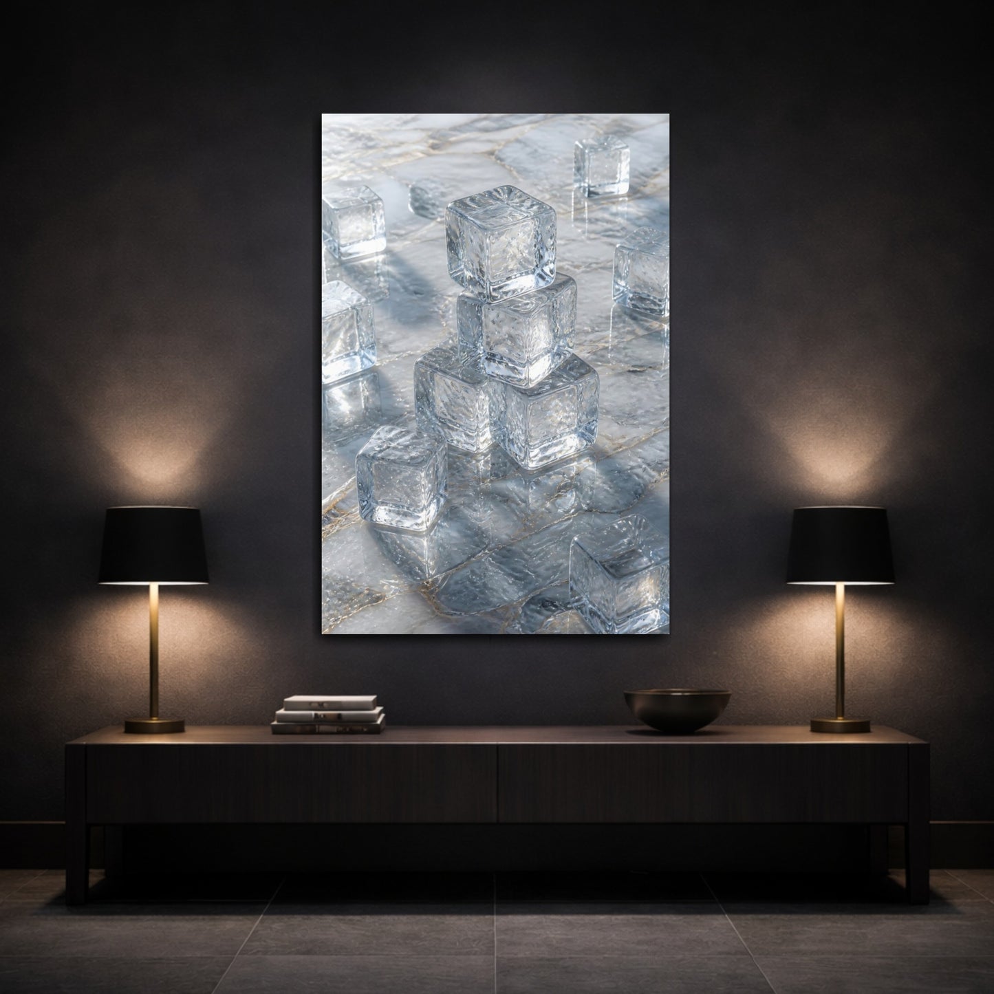 Mockup 3. Abstract Ice Cubes Cool Blue Gold shown as stretched canvas wall art