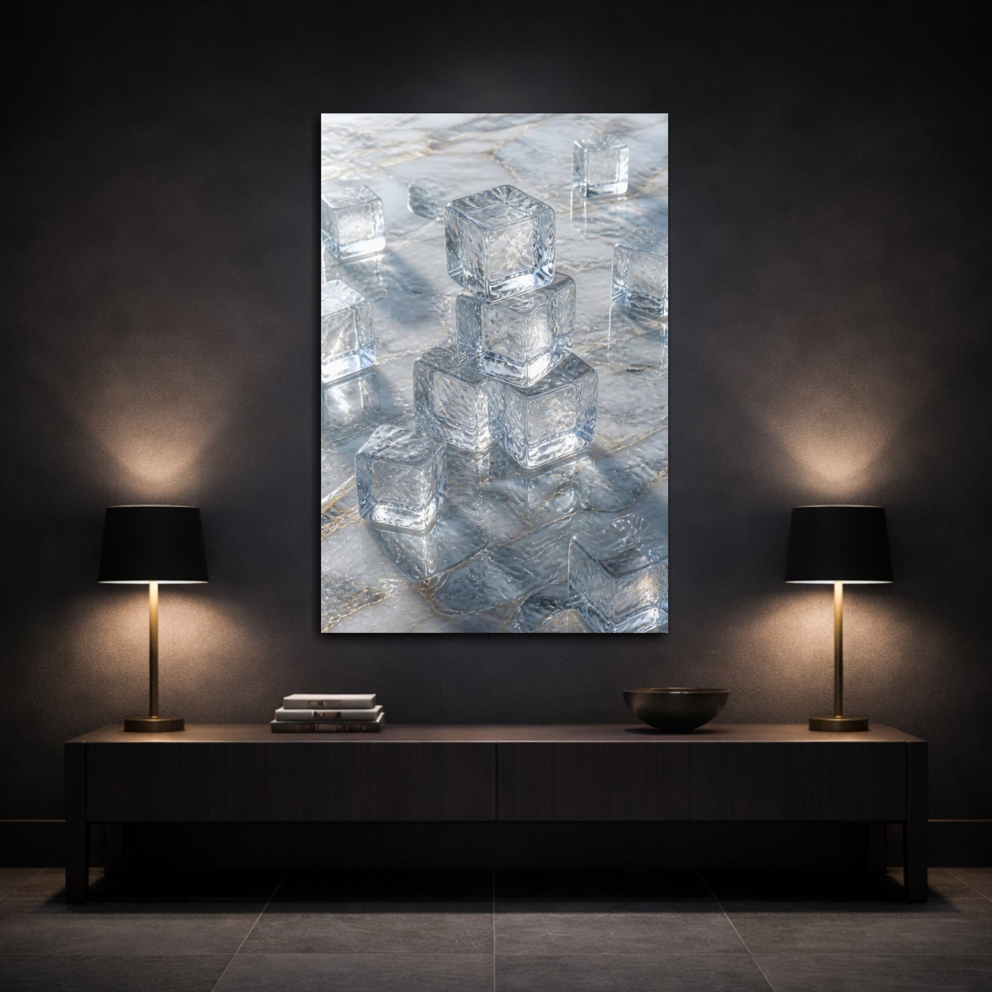 Mockup 3. Abstract Ice Cubes Cool Blue Gold shown as stretched canvas wall art