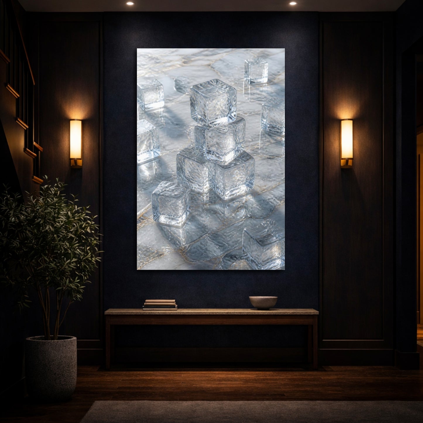 Mockup 4. Abstract Ice Cubes Cool Blue Gold shown as stretched canvas wall art