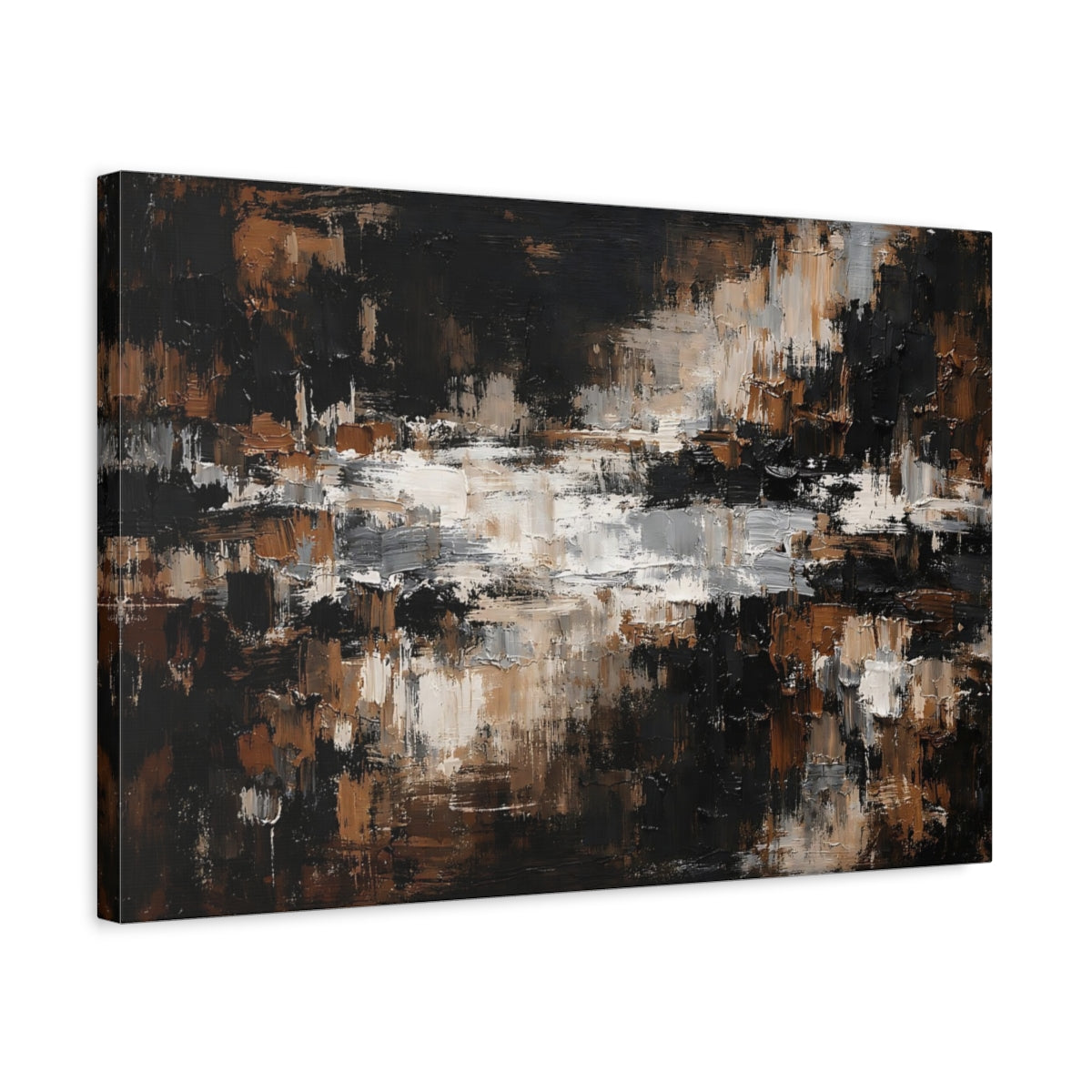 Side Mockup 3. Abstract Textured Strokes Brown And Black Abstract shown as stretched canvas wall art