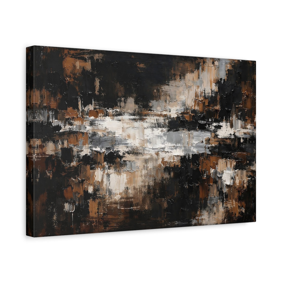 Side Mockup 4. Abstract Textured Strokes Brown And Black Abstract shown as stretched canvas wall art