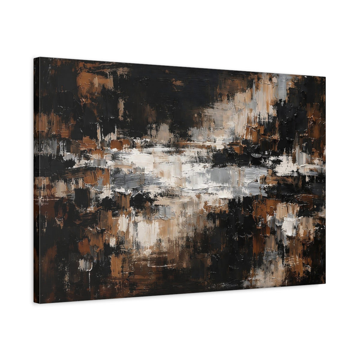 Side Mockup 2. Abstract Textured Strokes Brown And Black Abstract shown as stretched canvas wall art