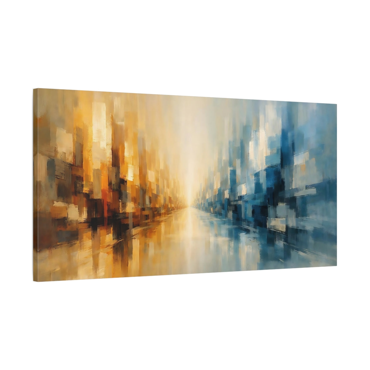 Side Mockup 1. Abstract Abstract Cityscape Blue And Gold Abstract shown as stretched canvas wall art