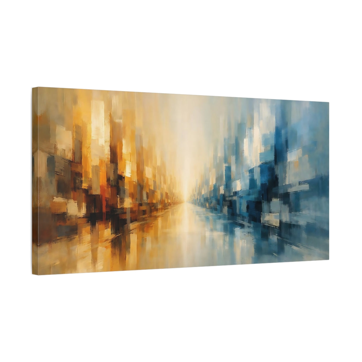Side Mockup 2. Abstract Abstract Cityscape Blue And Gold Abstract shown as stretched canvas wall art