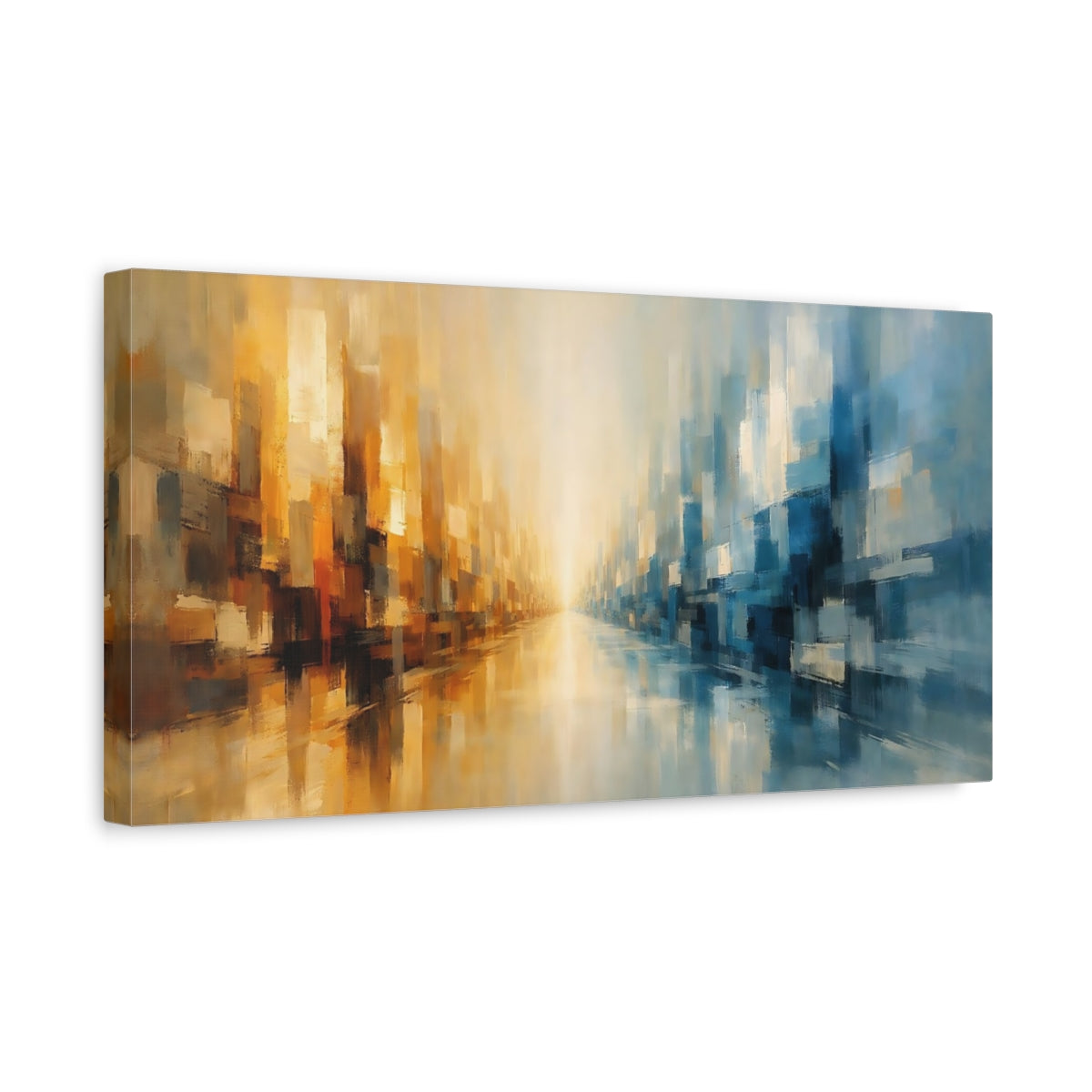 Side Mockup 3. Abstract Abstract Cityscape Blue And Gold Abstract shown as stretched canvas wall art