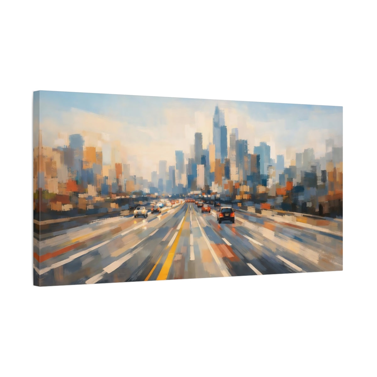 Side Mockup 2. Abstract Cityscape Blue Orange Cityscape shown as stretched canvas wall art
