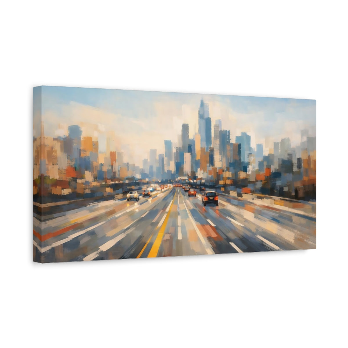 Side Mockup 3. Abstract Cityscape Blue Orange Cityscape shown as stretched canvas wall art