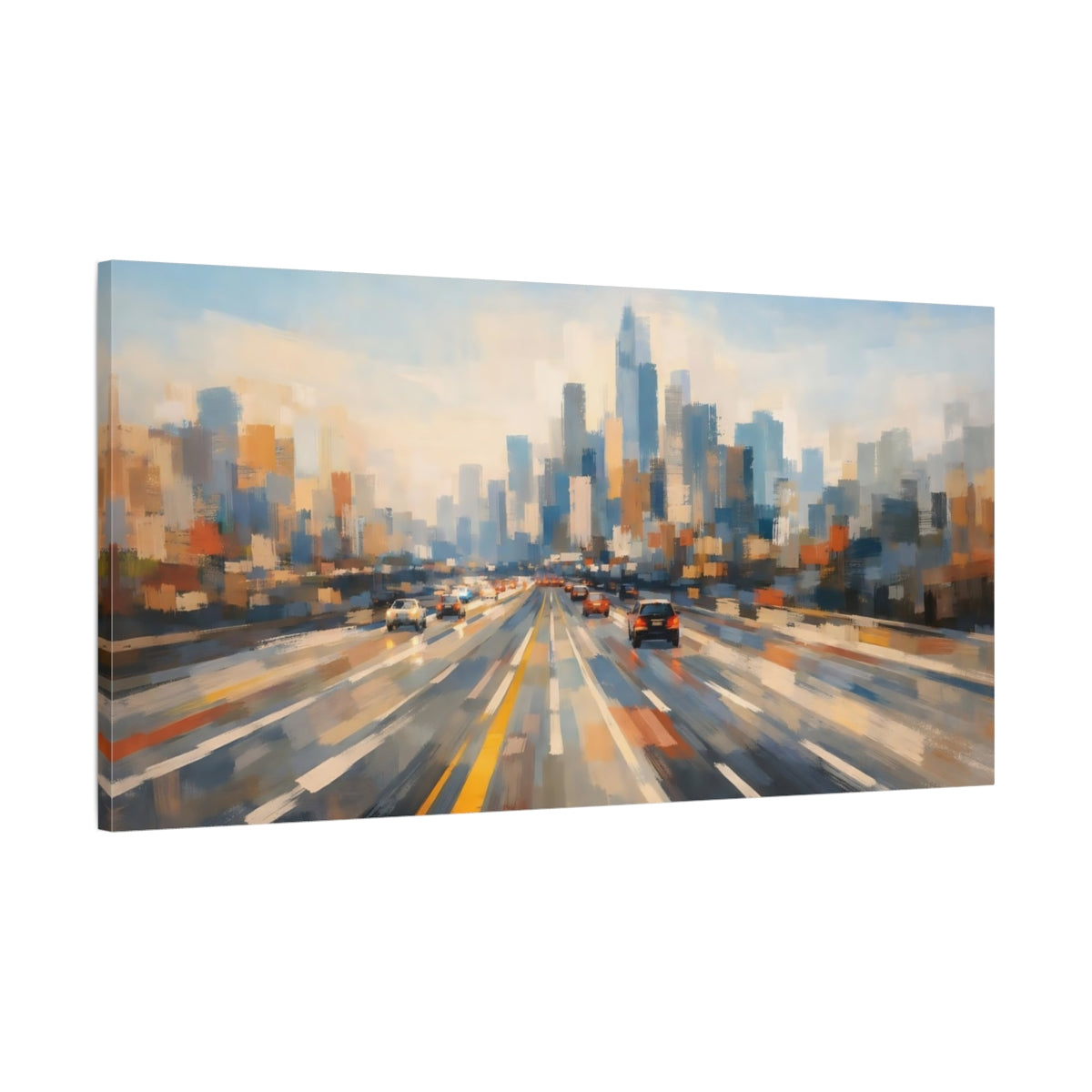 Side Mockup 1. Abstract Cityscape Blue Orange Cityscape shown as stretched canvas wall art