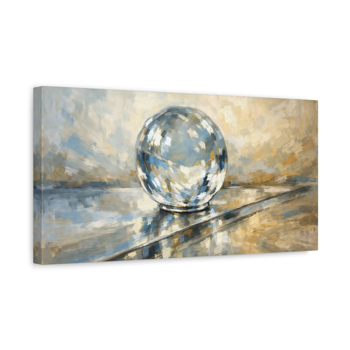 Side Mockup 3. Abstract Disco Ball Blue Gold Abstract shown as stretched canvas wall art