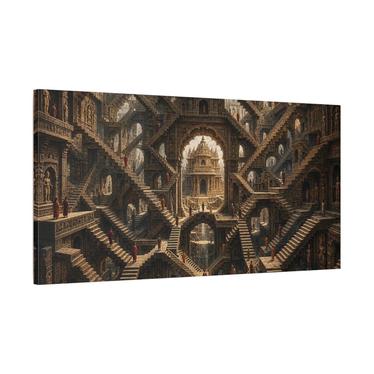 Main Mockup. Abstract Infinite Stairs Ancient Stone shown as stretched canvas wall art