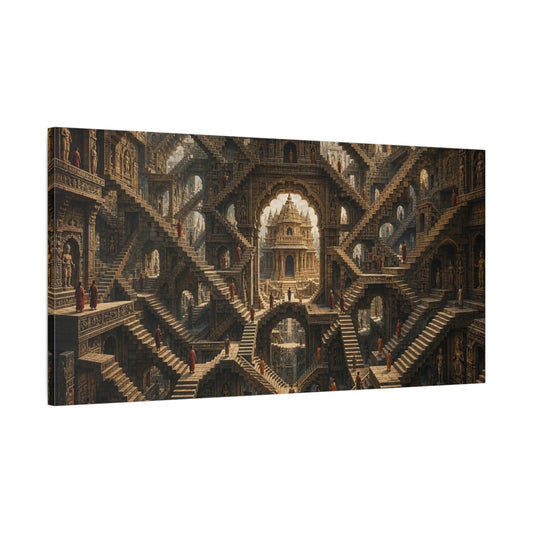 Main Mockup. Abstract Infinite Stairs Ancient Stone shown as stretched canvas wall art