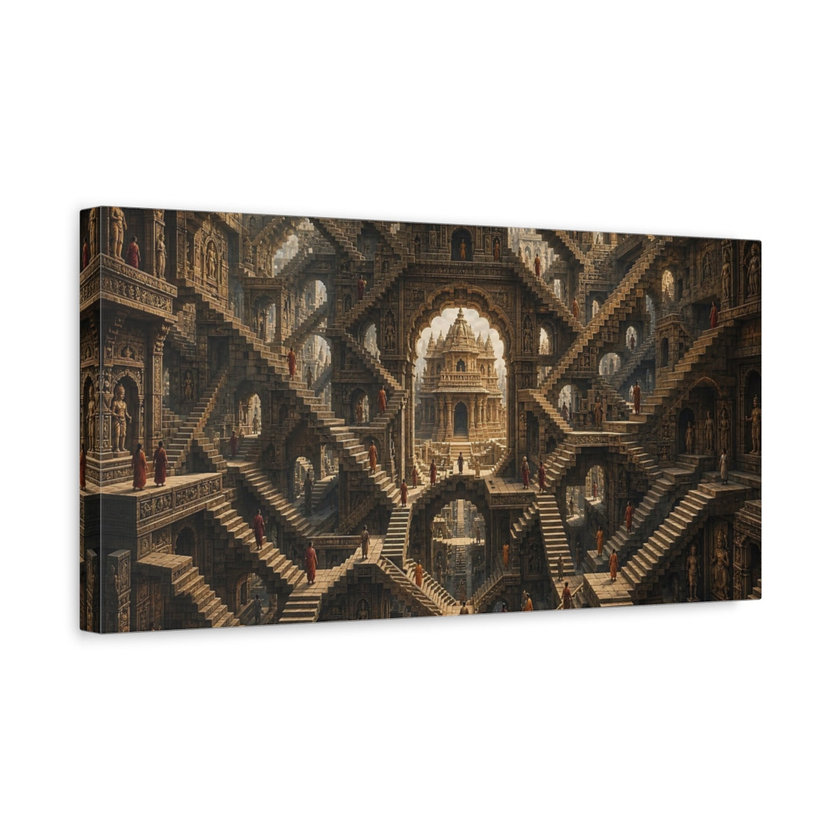 Side Mockup 3. Abstract Infinite Stairs Ancient Stone shown as stretched canvas wall art