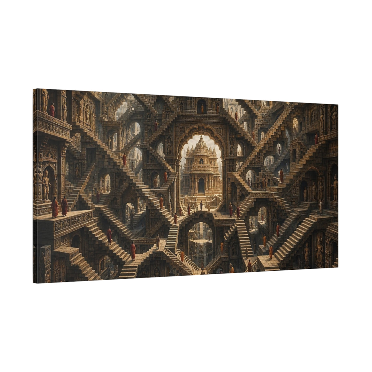 Side Mockup 2. Abstract Infinite Stairs Ancient Stone shown as stretched canvas wall art