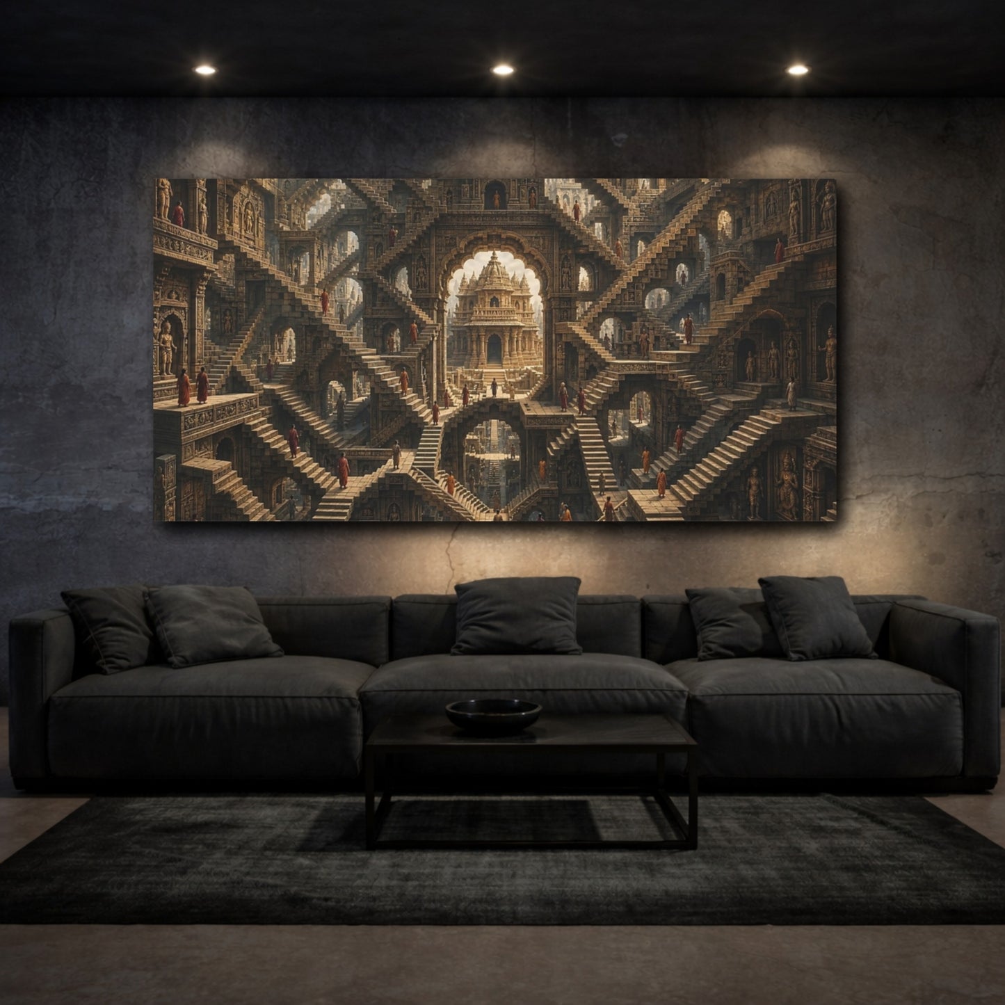 Mockup 2. Abstract Infinite Stairs Ancient Stone shown as stretched canvas wall art