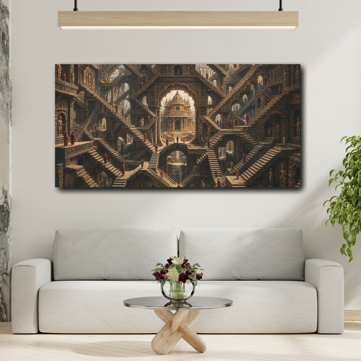 Mockup 3. Abstract Infinite Stairs Ancient Stone shown as stretched canvas wall art