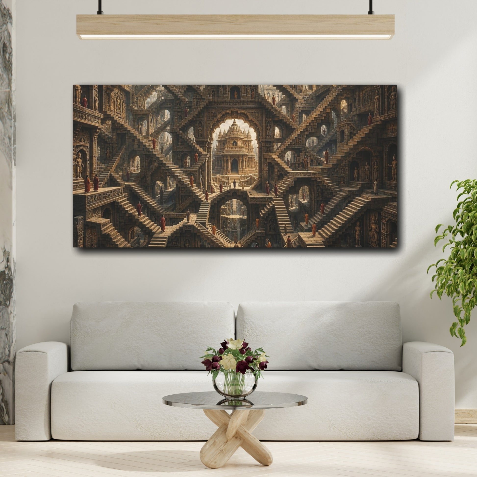 Mockup 3. Abstract Infinite Stairs Ancient Stone shown as stretched canvas wall art