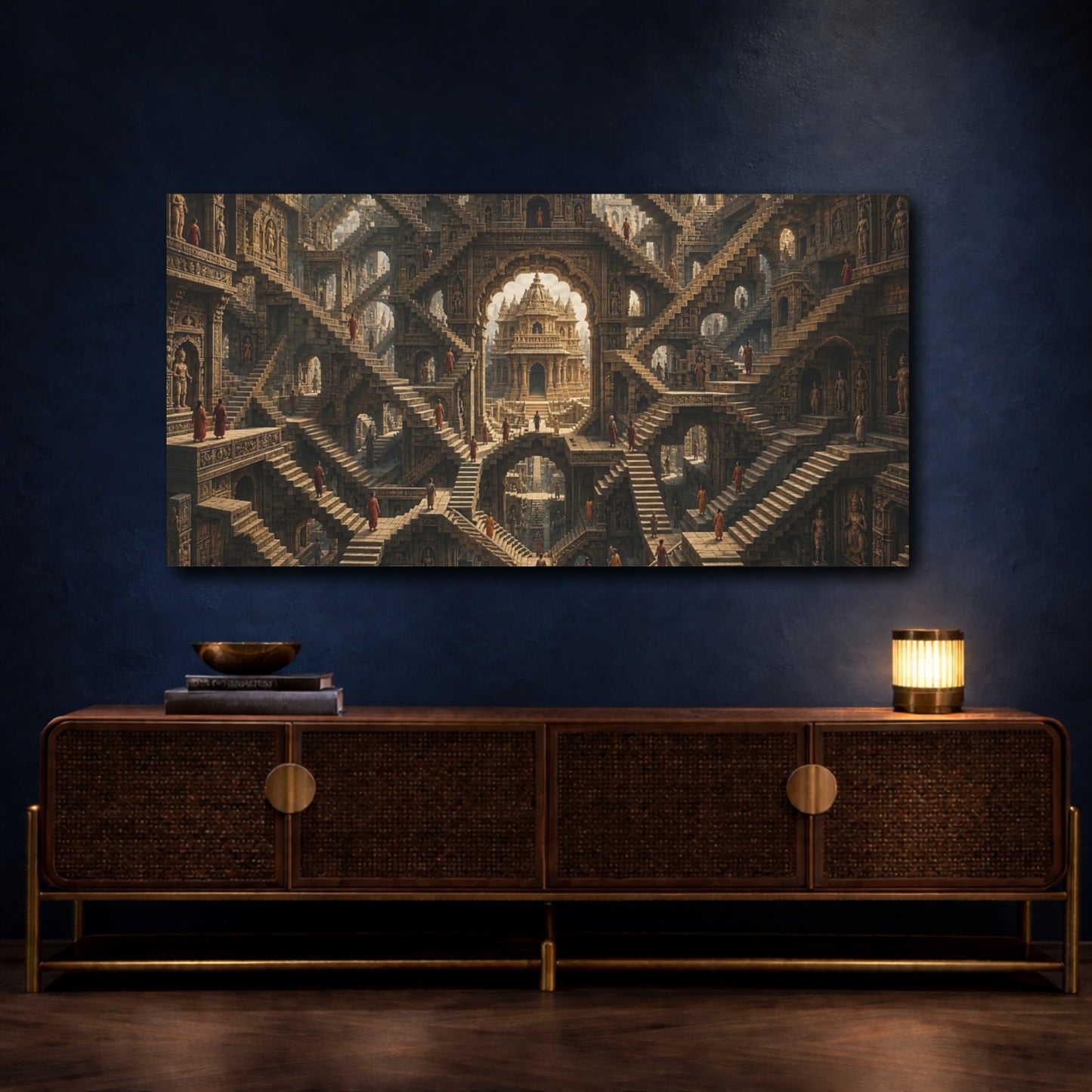 Mockup 4. Abstract Infinite Stairs Ancient Stone shown as stretched canvas wall art