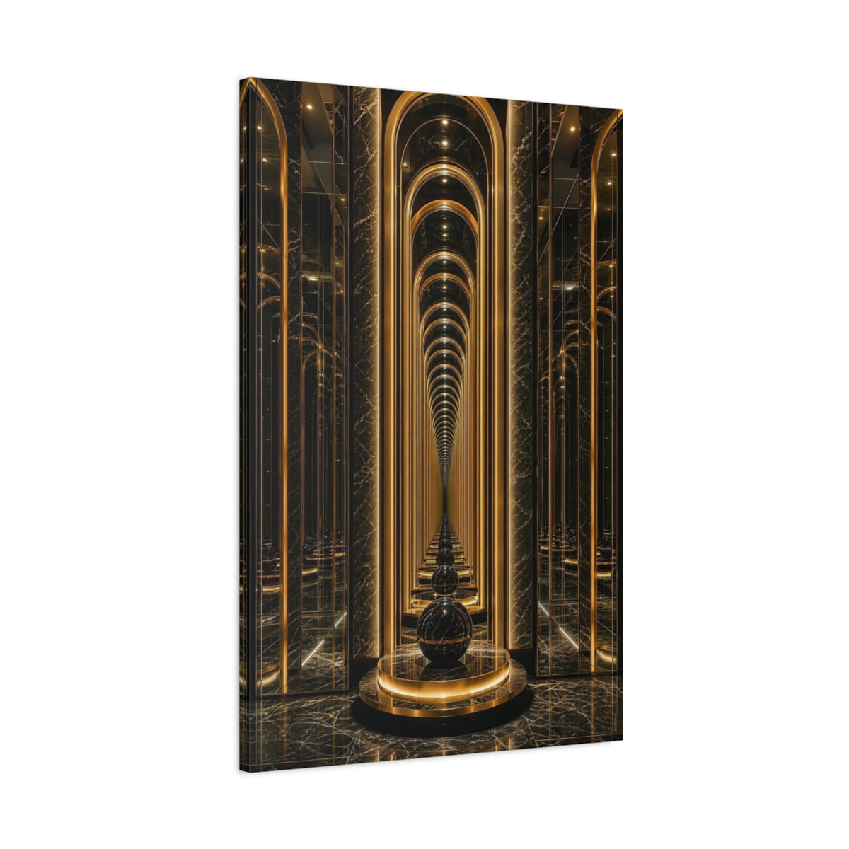 Main Mockup. Abstract Infinity Corridor Gold And Black shown as stretched canvas wall art