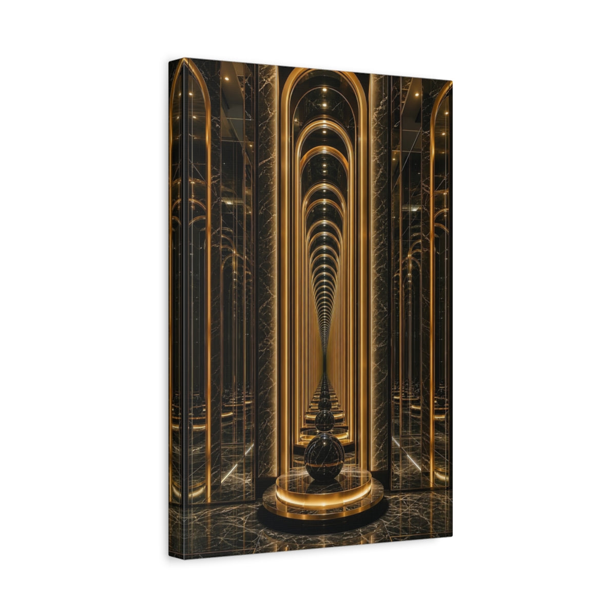 Side Mockup 4. Abstract Infinity Corridor Gold And Black shown as stretched canvas wall art