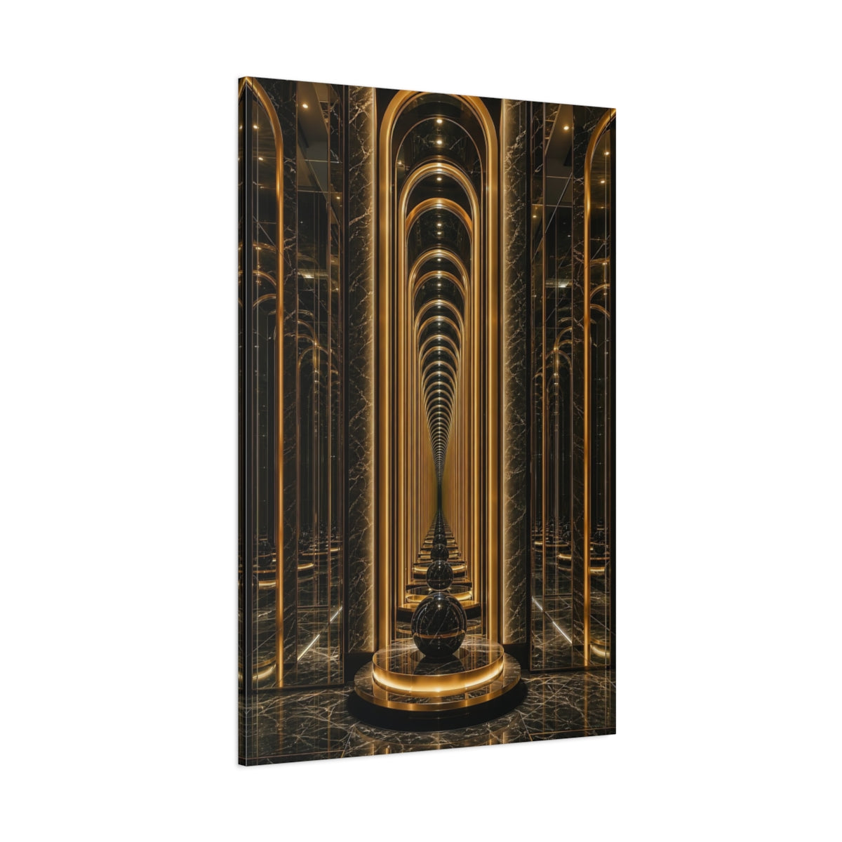 Side Mockup 1. Abstract Infinity Corridor Gold And Black shown as stretched canvas wall art