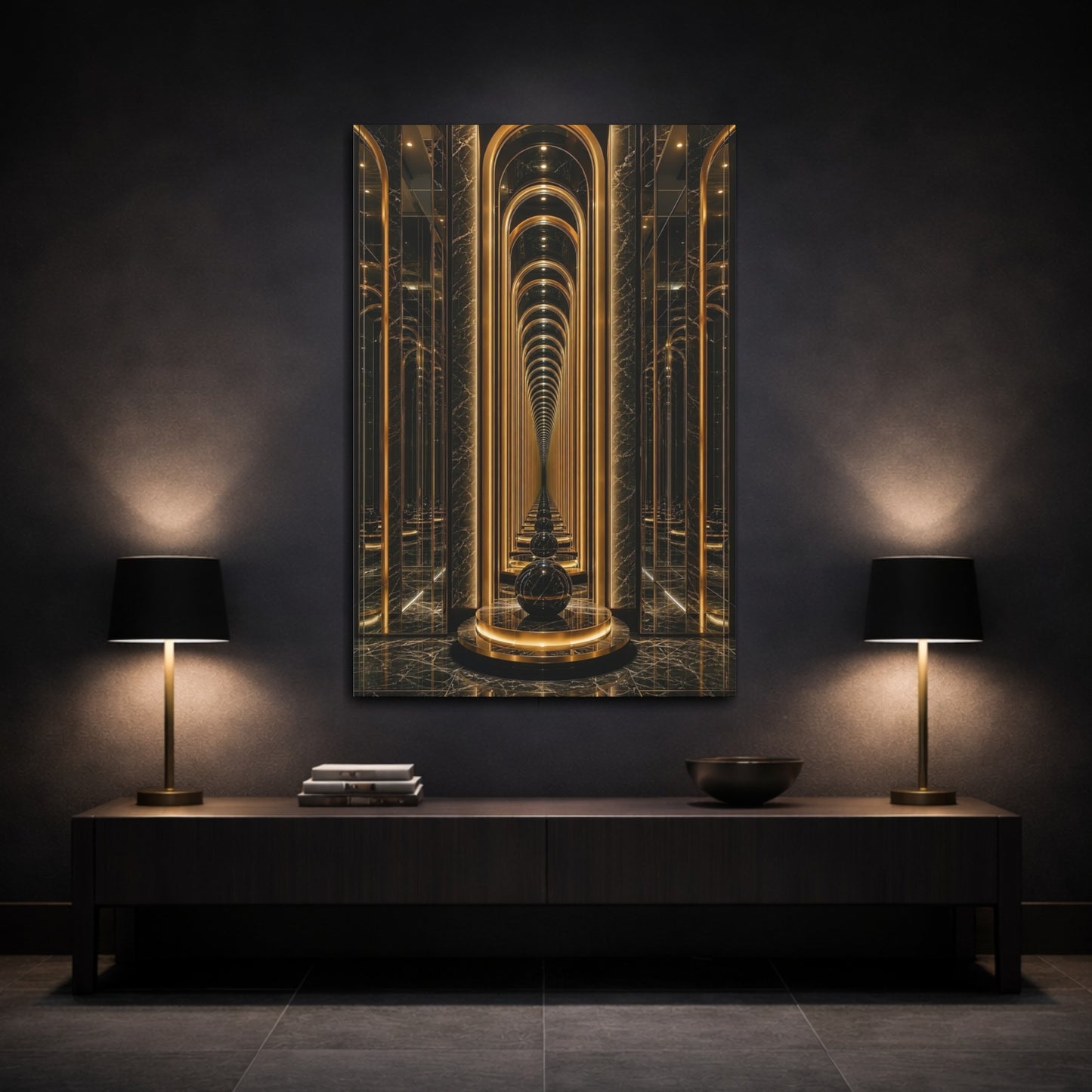 Mockup 3. Abstract Infinity Corridor Gold And Black shown as stretched canvas wall art