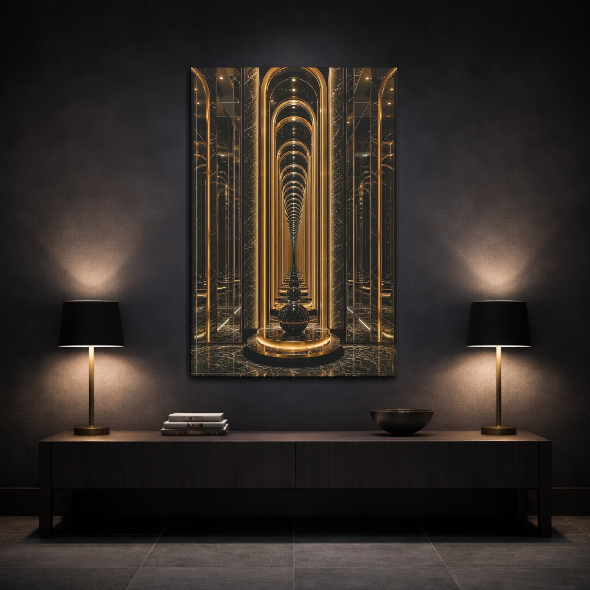 Mockup 3. Abstract Infinity Corridor Gold And Black shown as stretched canvas wall art