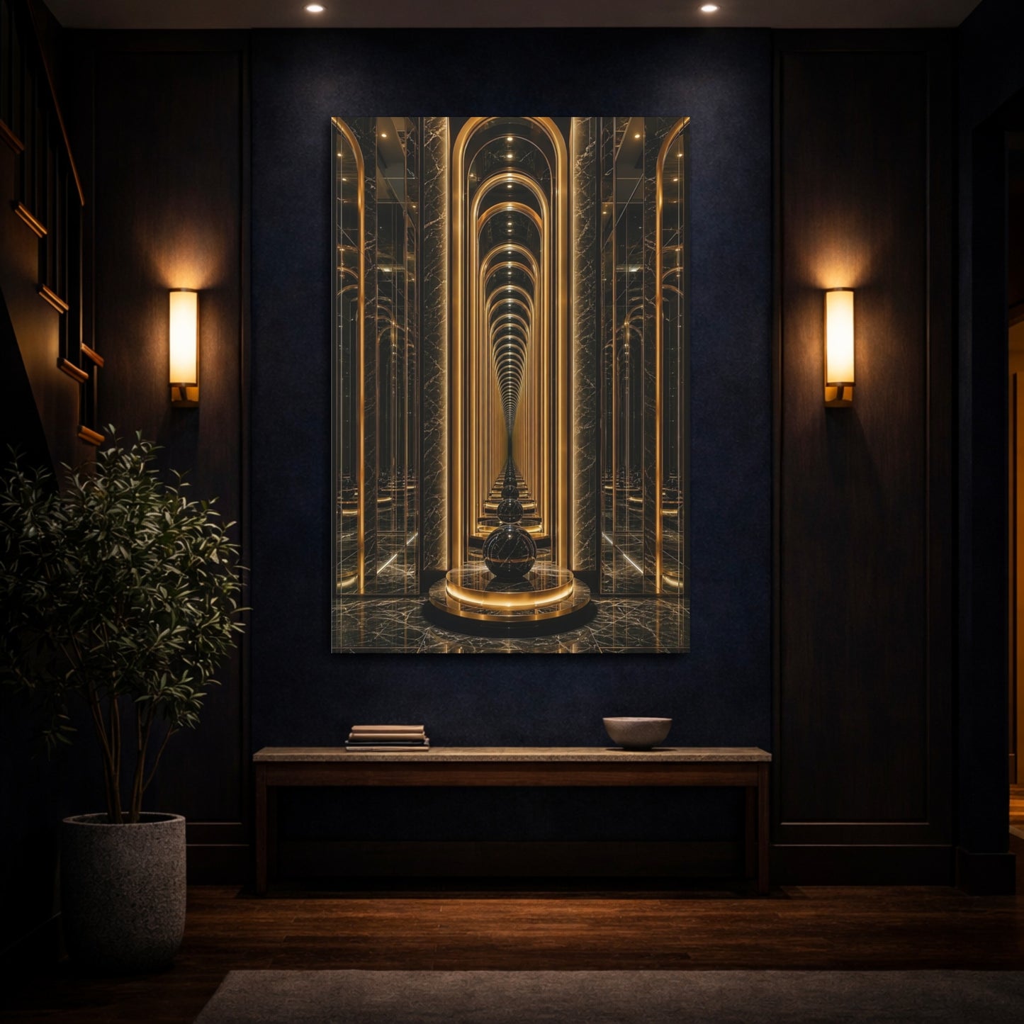 Mockup 4. Abstract Infinity Corridor Gold And Black shown as stretched canvas wall art