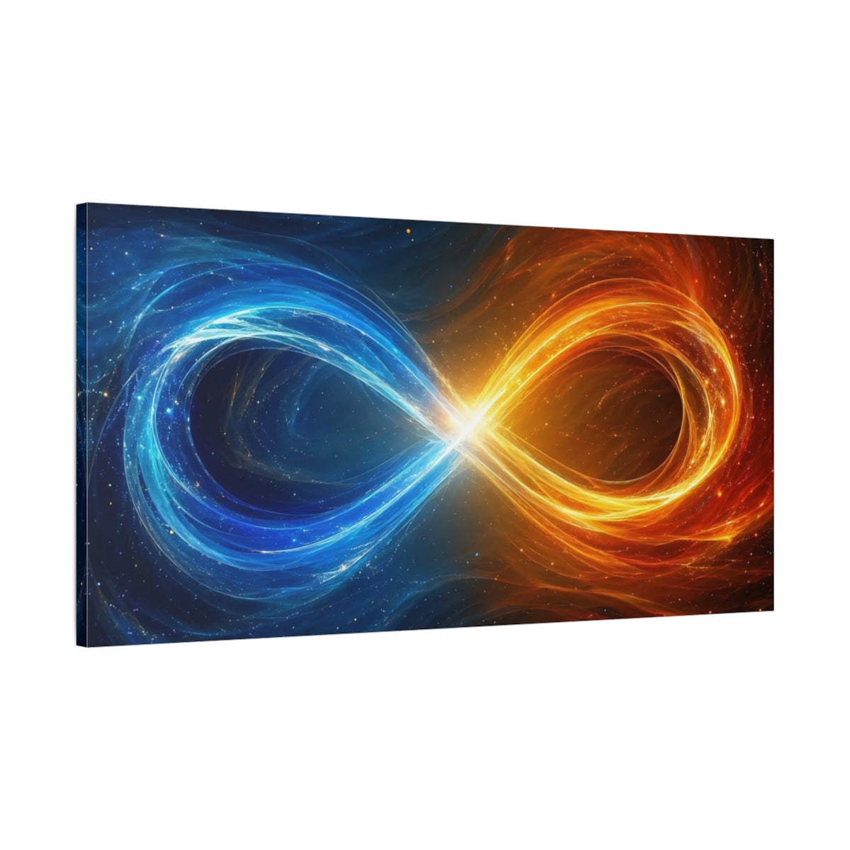 Main Mockup. Abstract Infinity Symbol Blue And Orange shown as stretched canvas wall art