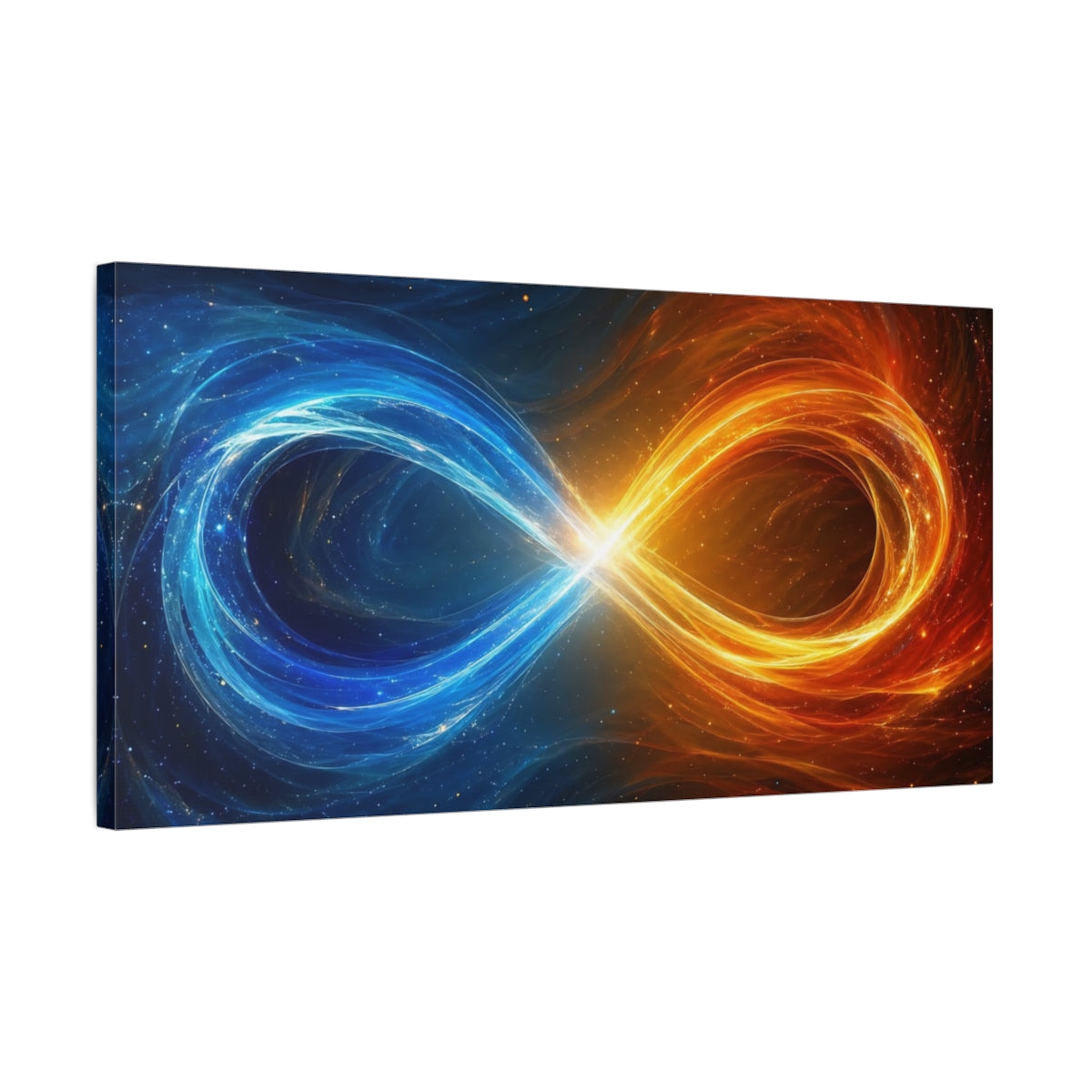 Side Mockup 1. Abstract Infinity Symbol Blue And Orange shown as stretched canvas wall art