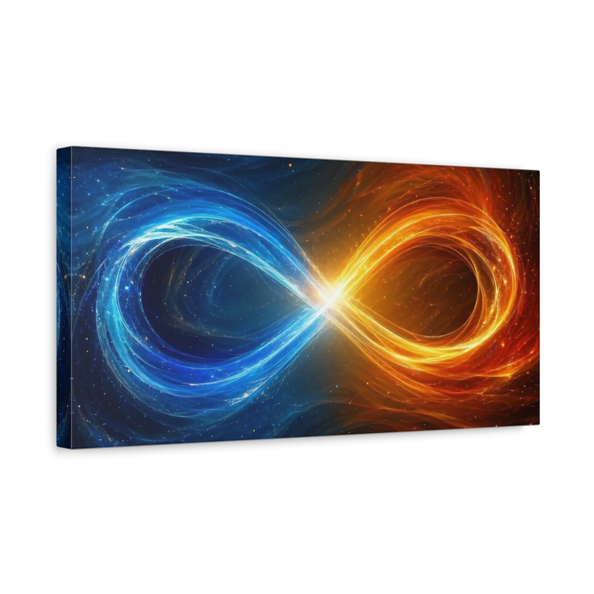 Side Mockup 3. Abstract Infinity Symbol Blue And Orange shown as stretched canvas wall art