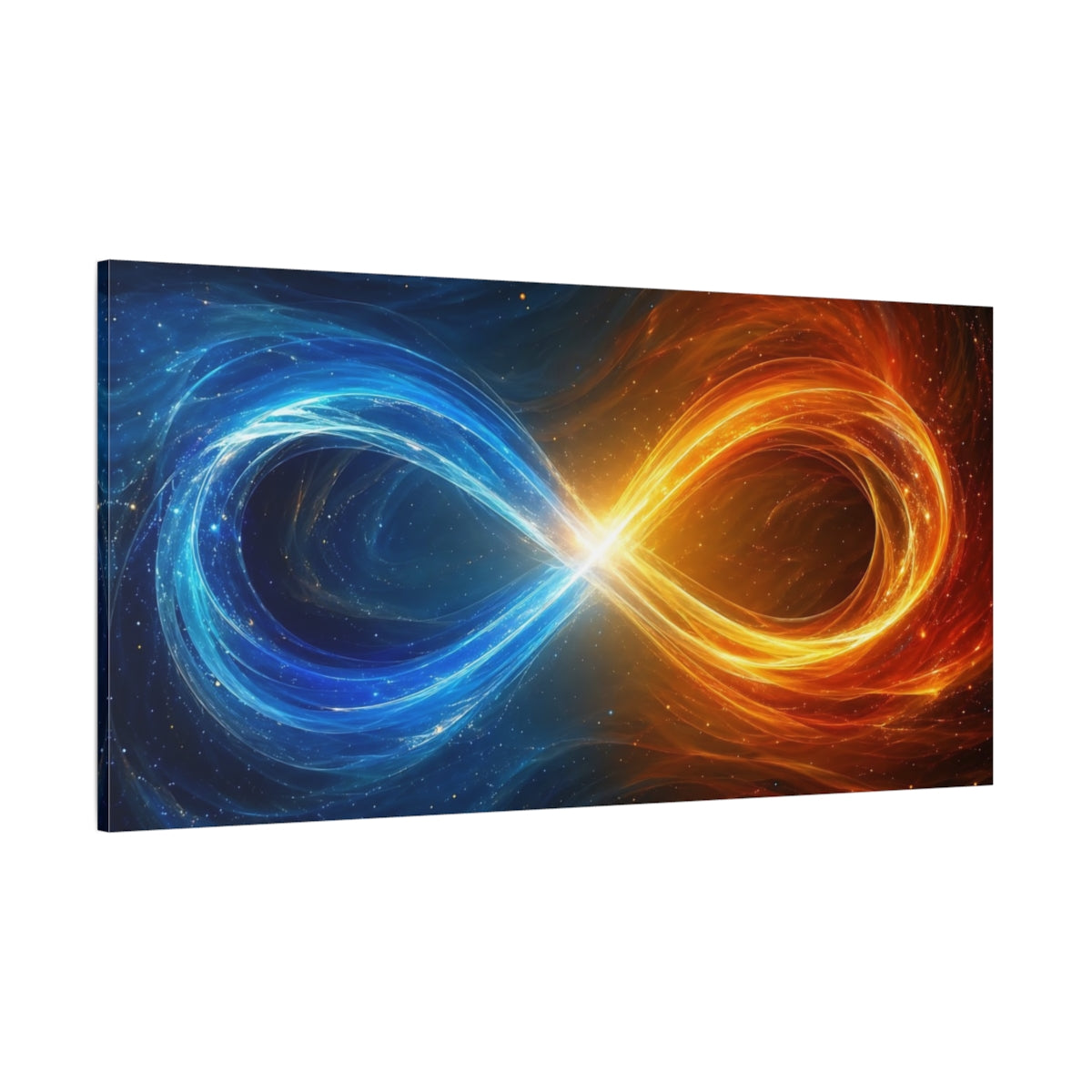 Side Mockup 2. Abstract Infinity Symbol Blue And Orange shown as stretched canvas wall art