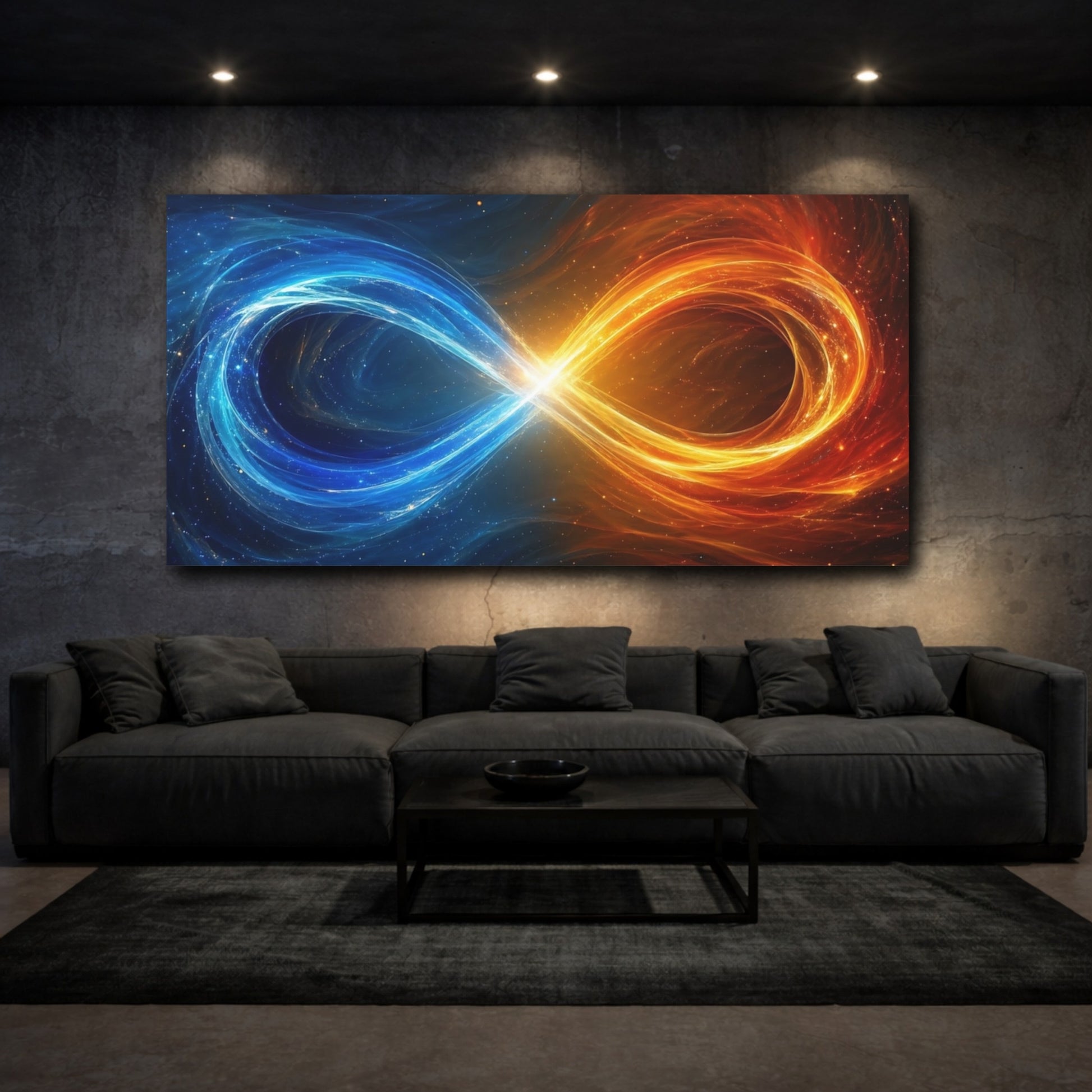 Mockup 2. Abstract Infinity Symbol Blue And Orange shown as stretched canvas wall art