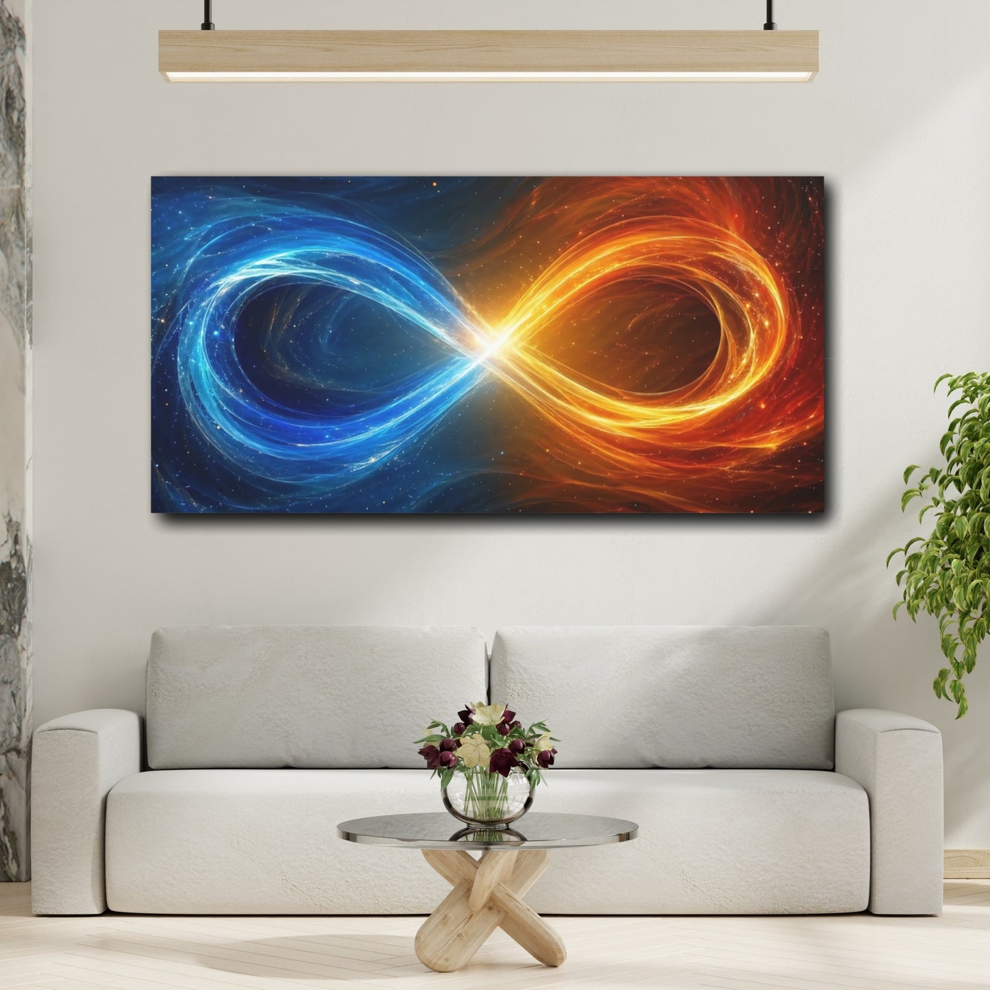 Mockup 3. Abstract Infinity Symbol Blue And Orange shown as stretched canvas wall art