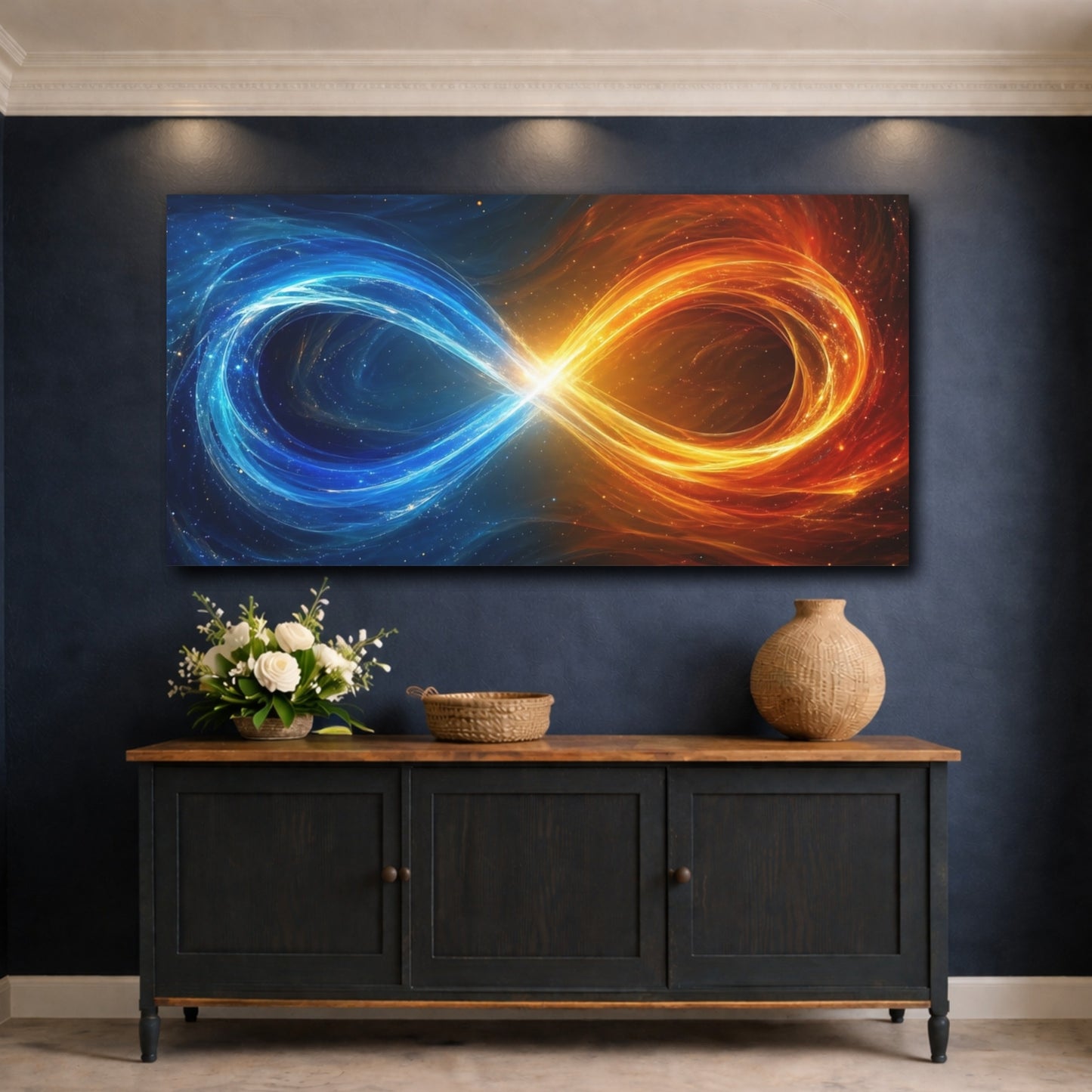 Mockup 4. Abstract Infinity Symbol Blue And Orange shown as stretched canvas wall art