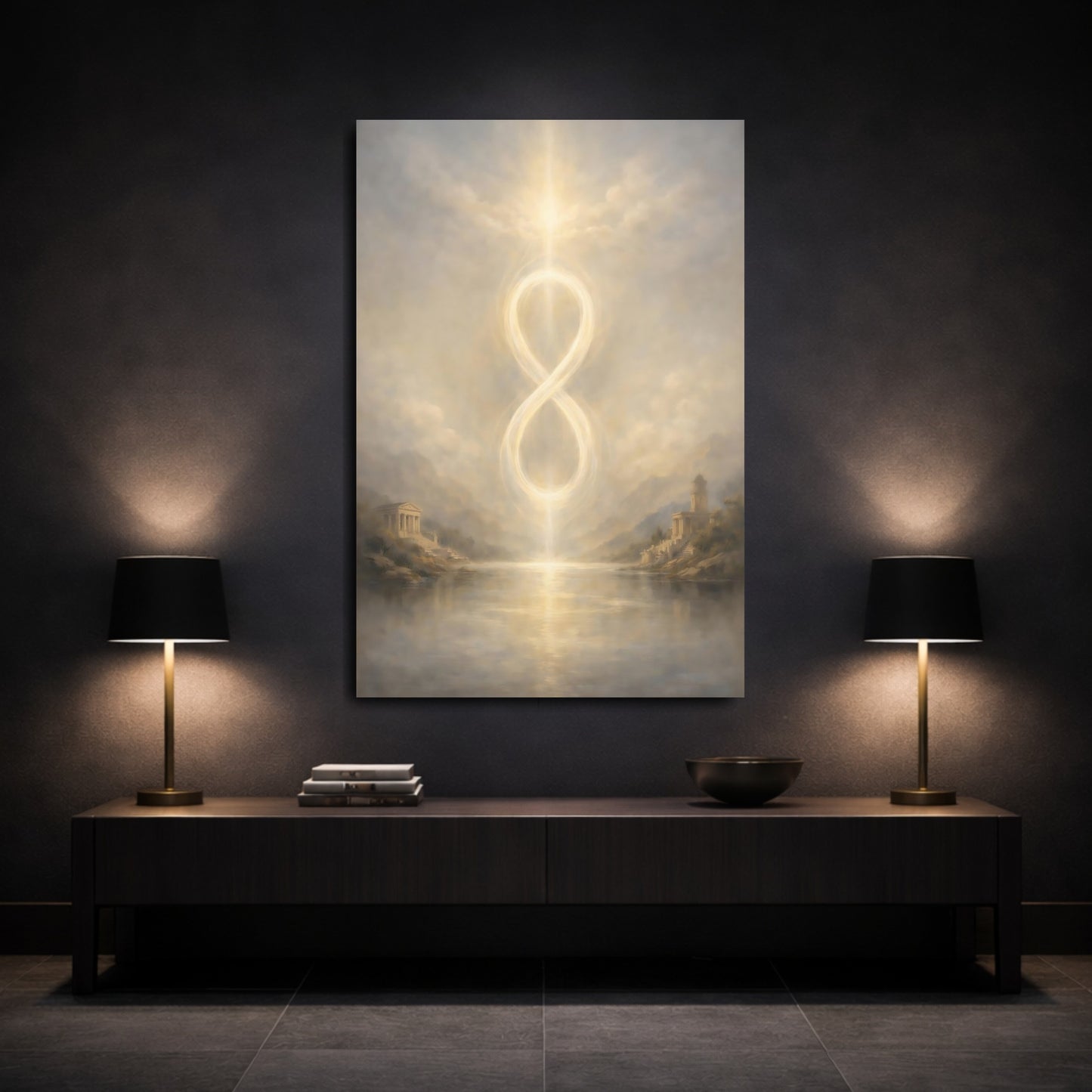 Mockup 2. Abstract Infinity Symbol Golden Infinity shown as stretched canvas wall art